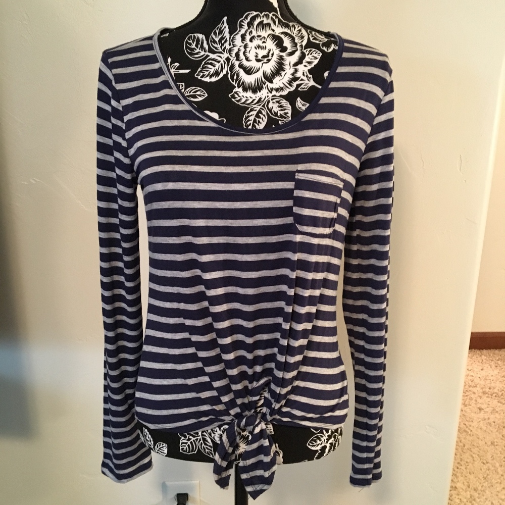 Long Sleeve Blue and Gray Striped Front Tie Shirt
